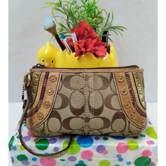 Coach Signature Brown Canvas Leather Trim Limited Edition Zipper Wristlet Wallet - Picture 1 of 13
